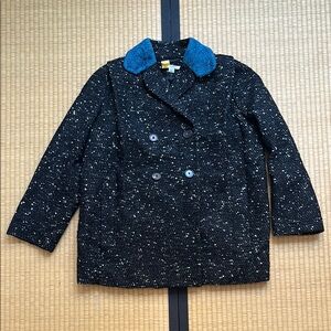 Carven Black Tweed Coat with Blue Collar
